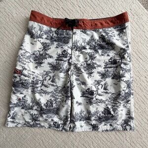 Analog Mens Board Shorts Toile Print Swim Trunks White Black Rust Size 36M Beach